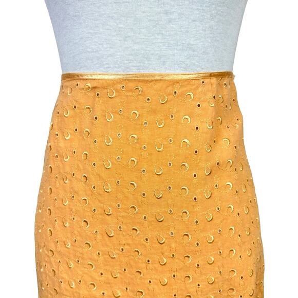 120% Lino Tangerine Orange Embroidered Eyelet 100% Linen A-line Skirt - Picture 3 of 8